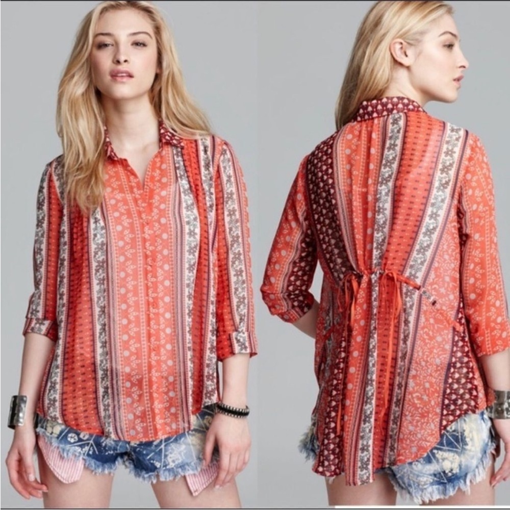 Free People Moonlight Mile Button High Low Cinch Back Top-Patchwork Floral-XS